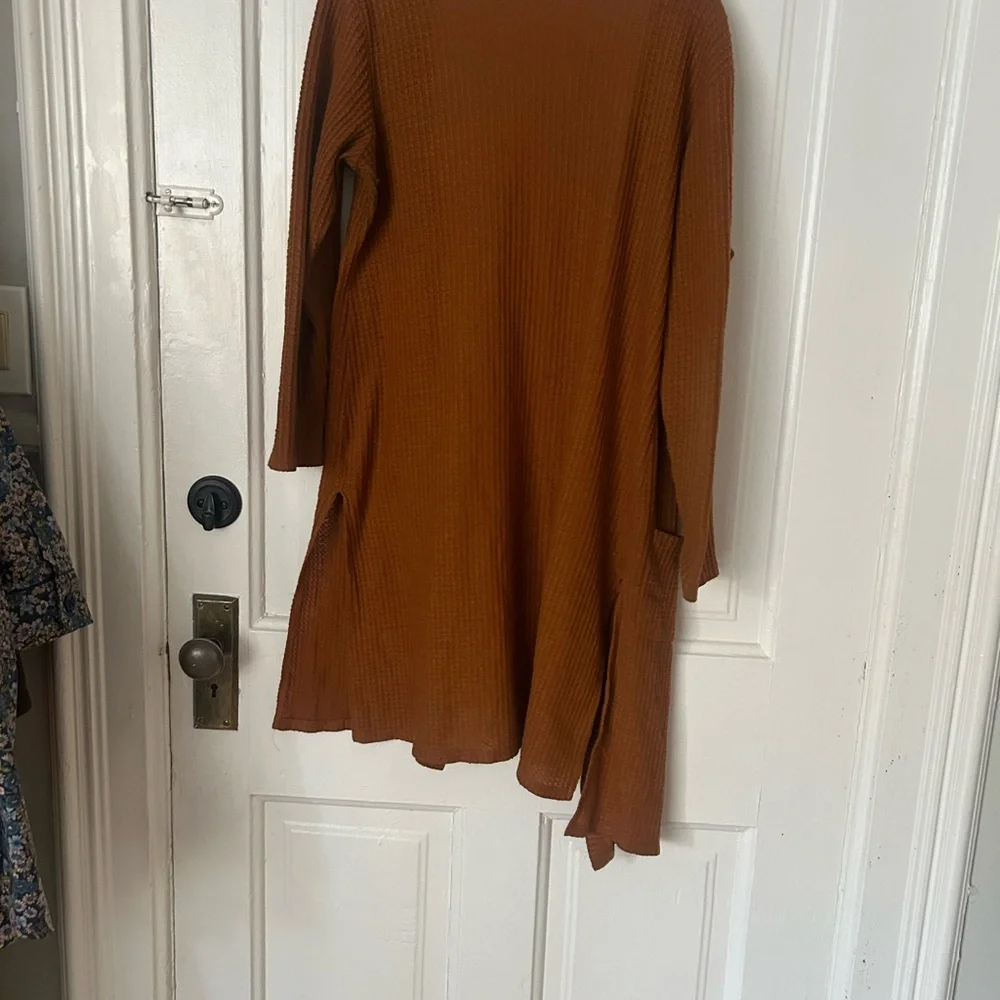 Long Open-Front Rust Brown Waffle Knit Cardigan Sweater - Picture 5 of 6